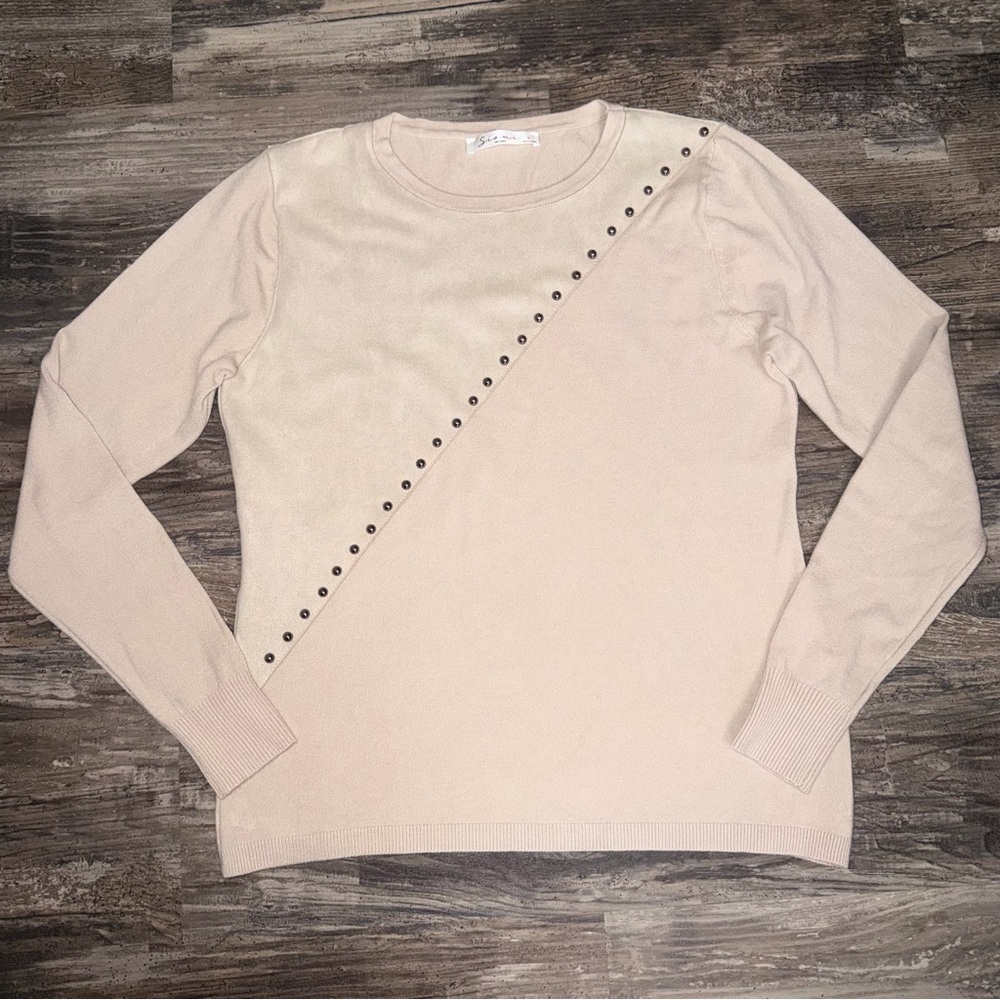 Sioni Mixed Media Cream Sweater Faux Suede Studded Detail Size S